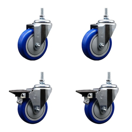 Service Caster 4 Inch Blue Polyurethane 38 Inch Threaded Stem Caster Set 2 Brakes SCC SCC-TS20S414-PPUB-BLUE-381615-2-PLB2